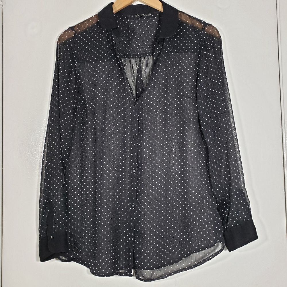 Zara Sheer Polka-dot Button Down Blouse Size M